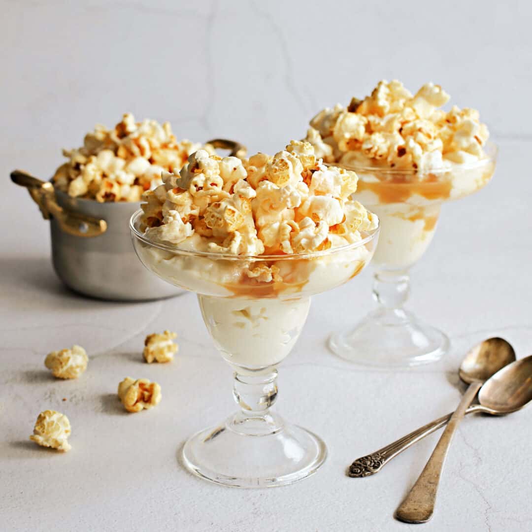 Caramel popcorn panna cotta combines creamy custard panna cotta with crunchy popcorn and Dell Cove® Salted Caramel popcorn seasoning for a sweet & salty finish.