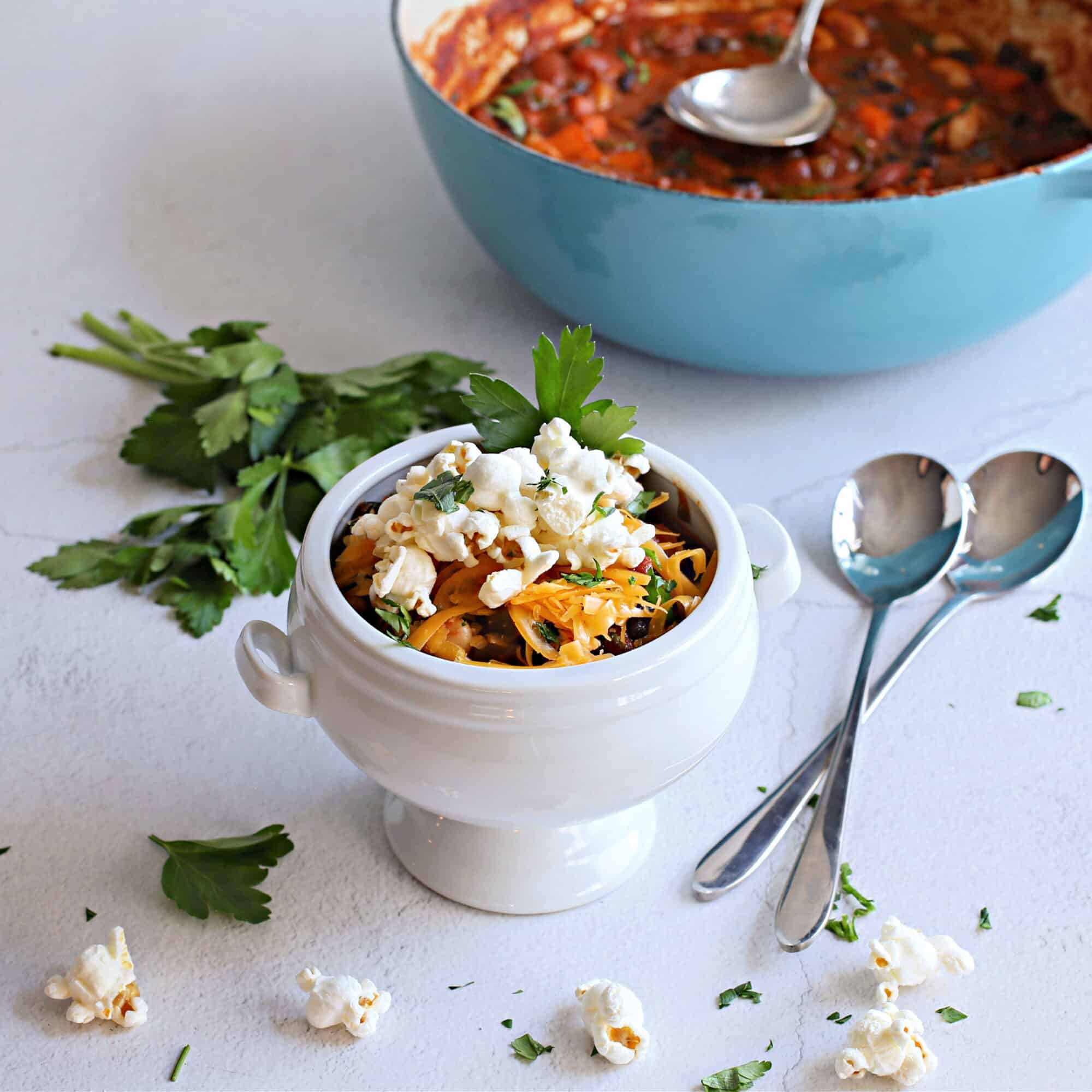 Vegetarian Chili with Popcorn Croutons - Try Dell Cove Spices